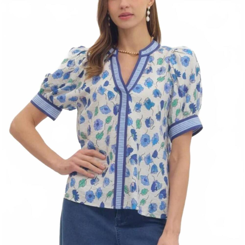 NEW ENTRO floral v neck blouse in blue - Picture 1 of 5